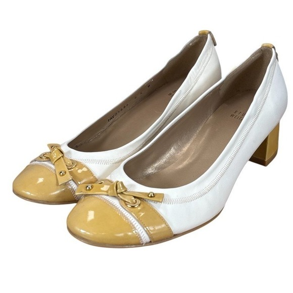 Stuart‎ Weitzman Leather Pumps Block Heel Bow White Yellow Size - Picture 1 of 11